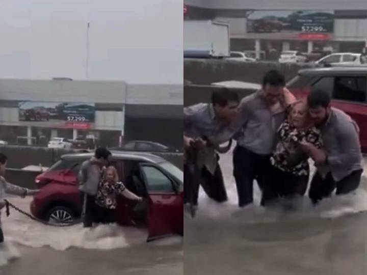 VIDEO | Rescatan a abuelita, quedó atrapada en camioneta por inundación