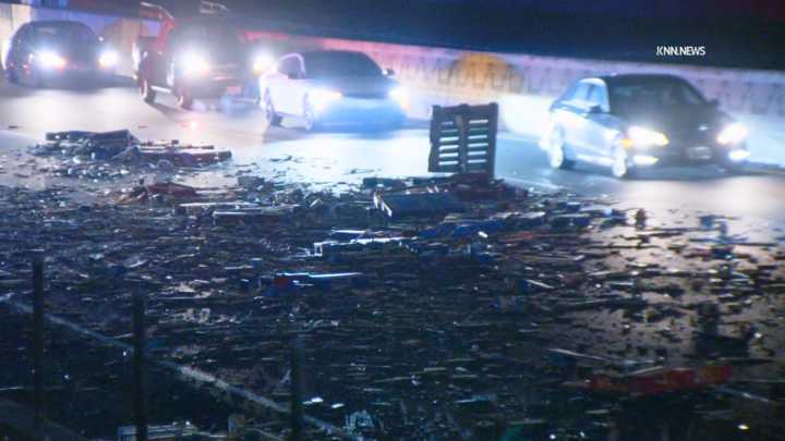 Broken pallets block lanes, snarl morning commute on NB 5 Freeway in L.A. County