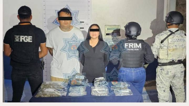 Policías en Cancún incautan sustancias ilícitas y estupefacientes a un hombre y una mujer