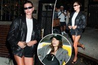 Hailey Bieber wears leather bomber and tiny mesh basketball shorts in NYC