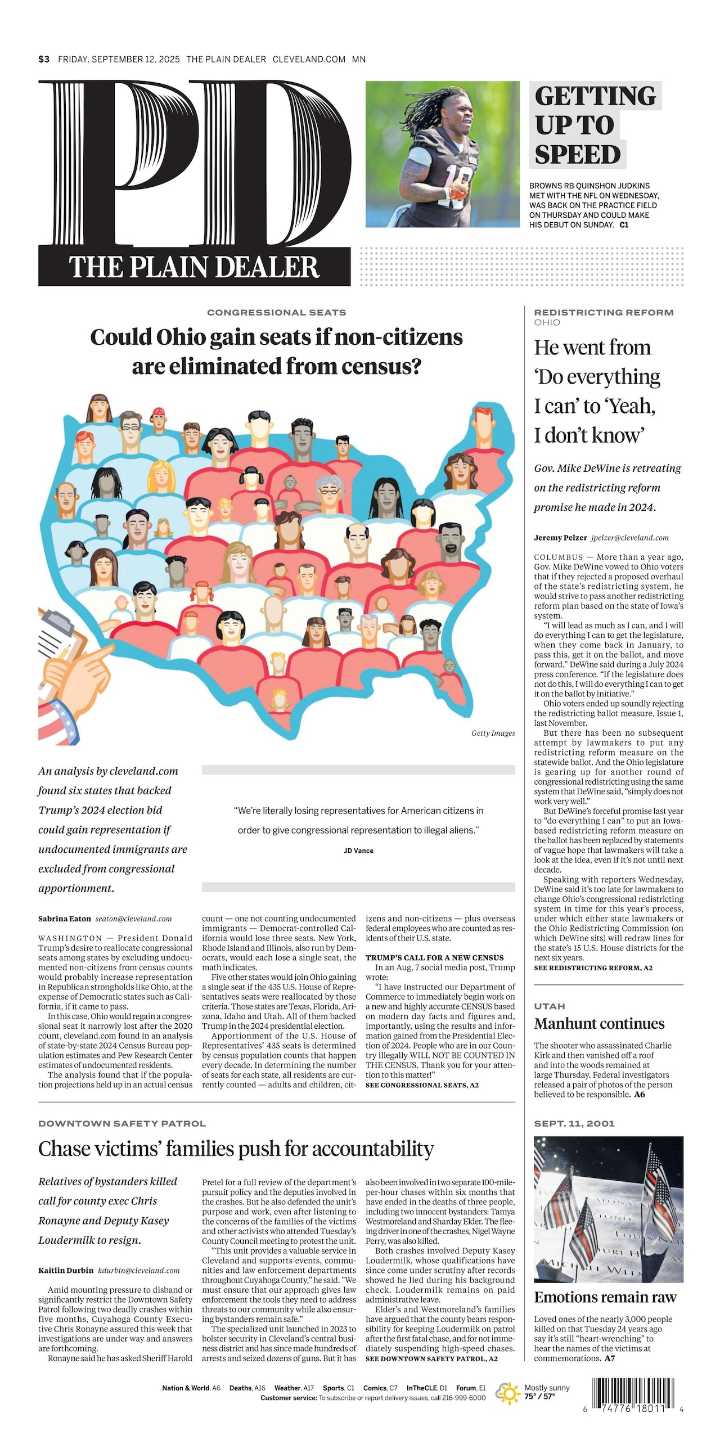 The Plain Dealer’s front page for September 12, 2025
