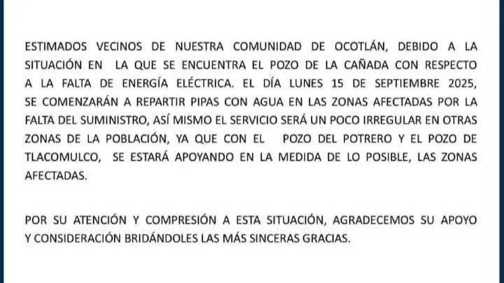 Anuncia la CAPAO que será irregular el suministro de agua potable en Ocotlán