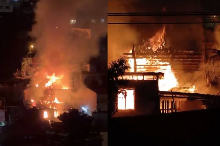 Bomberos trabaja en incendio que afectó tres casas en cerro El Litre de Valparaíso