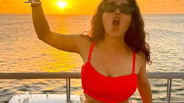 Salma Hayek, 59, looks incredible as she strips to red bikini on a yacht to celebrate her birthday