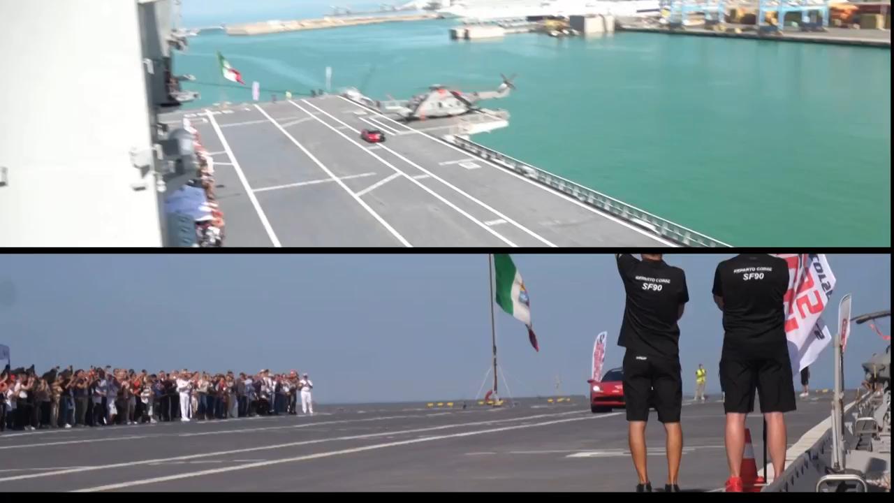 Italian driver aims to set record racing a Ferrari across an aircraft carrier