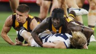 AFL 2025: Hawthorn’s Mabior Chol Tribunal hearing for dangerous tackle on Geelong’s Tom Stewart, live blog, three