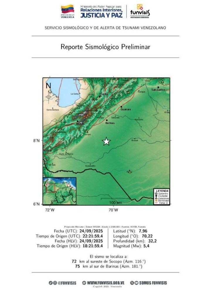 Funvisis confirma sismo de 5,4 con epicentro en Barinas