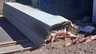 Volcó un camión con carne en Mendoza y decenas de personas buscaron llevarse las medias reces