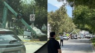 Mujer se distrae al manejar, vuelca su camioneta y derriba un semáforo en San Pedro