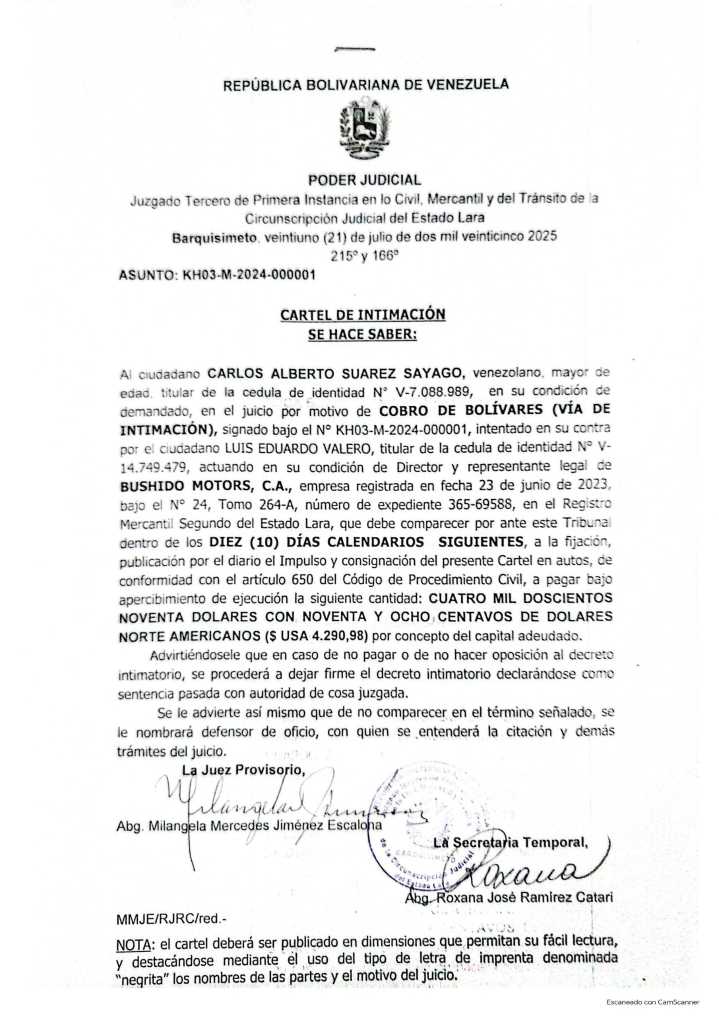 Cartel de Intimación al ciudadano Carlos Alberto Suárez Sayago, cédula de identidad V-7.088.989, Juicio por motivo de Cobro de Bolívares (vía de intimación), asunto: KH03-M