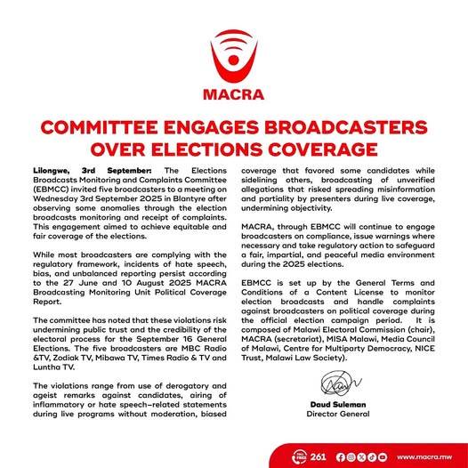 MACRA Warns Media Houses Over Biased Election Coverage