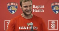Florida captain Aleksander Barkov needs help getting off ice after apparent leg injury