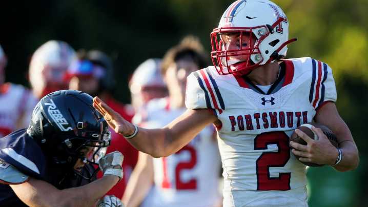 Portsmouth's Jackson Hackley grabs an interception against Westerly