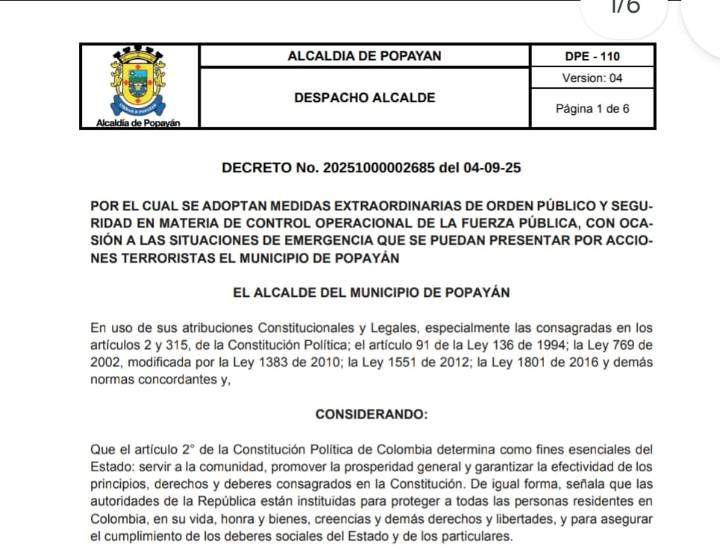 Popayán decreta medidas de orden público por riesgo terrorista: prohibiciones, horarios y excepciones