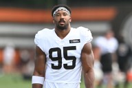 Browns star DE Myles Garrett (hip) misses practice