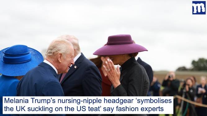 Hat resembling big purple nipple represents Special Relationship