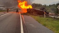 Tractor-trailer bursts into flames after crashing on I