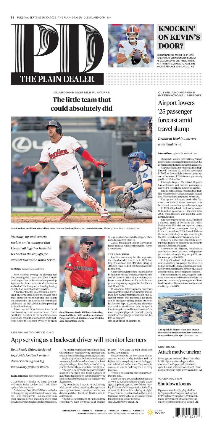 The Plain Dealer’s front page for September 30, 2025