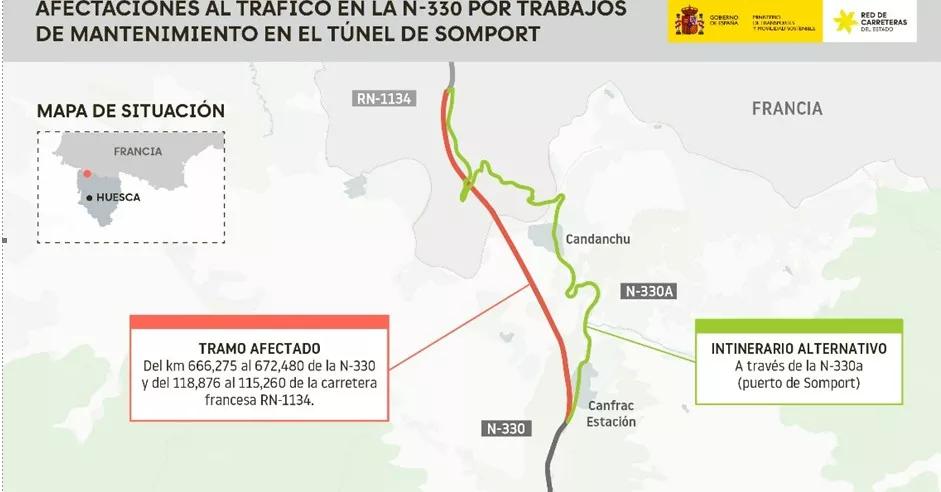 El túnel de Somport se cierra de 22 a 5 horas hasta el viernes 26 para trabajos de mantenimiento