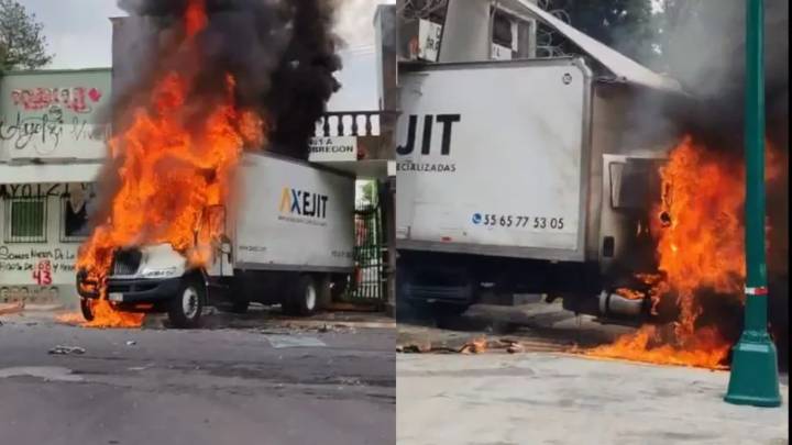 Tras mitin por los 43 de Ayotzinapa, encapuchados incendian camión en la Defensa