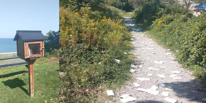 Fairport Harbor free little library books torn apart, scattered down beach path