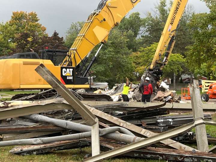 Demolition proceeds on old bank for a Sheetz development in Fraser