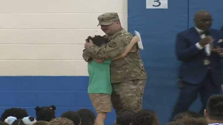 Heartwarming reunion as Army dad surprises sons in Brockton