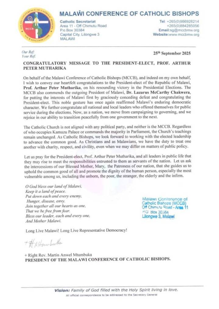 Episcopal Conference of Malawi congratulates Mutharika for the election win