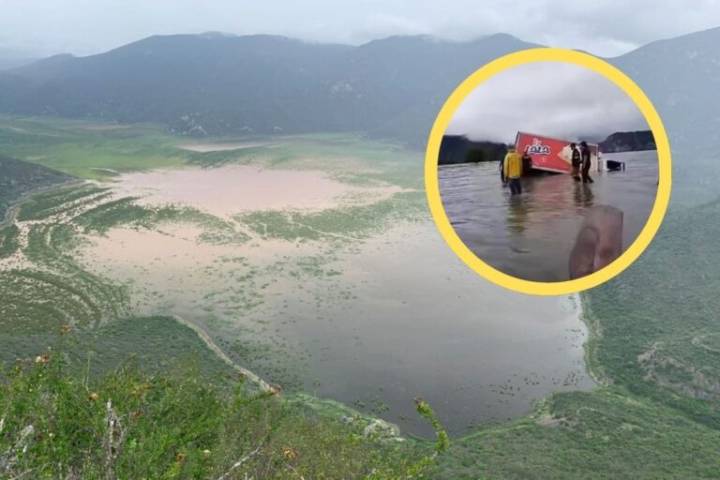 En Eloxochitlán, lluvias hacen crecer el nivel de laguna y que camioneta se hunda