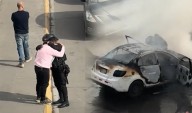 Agente consuela a conductor tras incendio de su auto en Miraflores