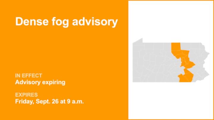 Dense fog advisory previously issued for part of Pennsylvania will expire at 9 a.m.