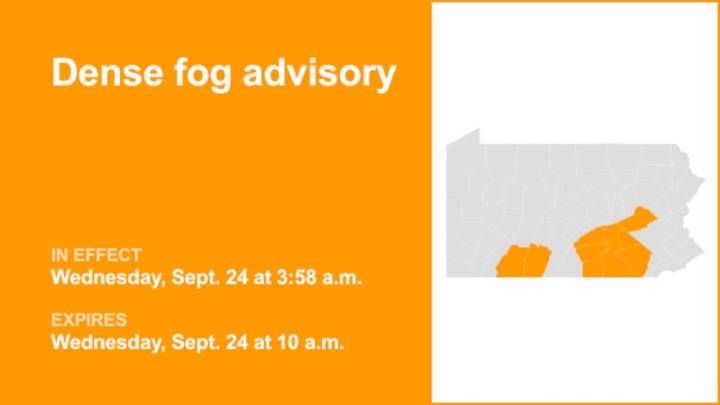 Part of Pennsylvania under a dense fog advisory until Wednesday morning
