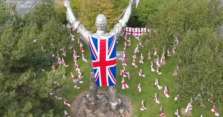 The Midland traffic island crammed with flags including huge one off 40ft statue