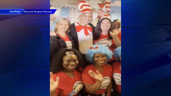 Cat in the Hat visits Memorial Hospital Miramar for annual Read-a-thon; NICU babies dressed up as Dr. Seuss characters