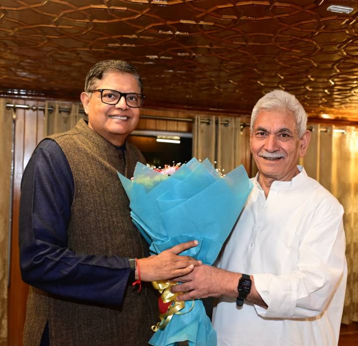 BJP National Vice-President Baijayant Jay Panda meets J&K LG Manoj Sinha in Srinagar