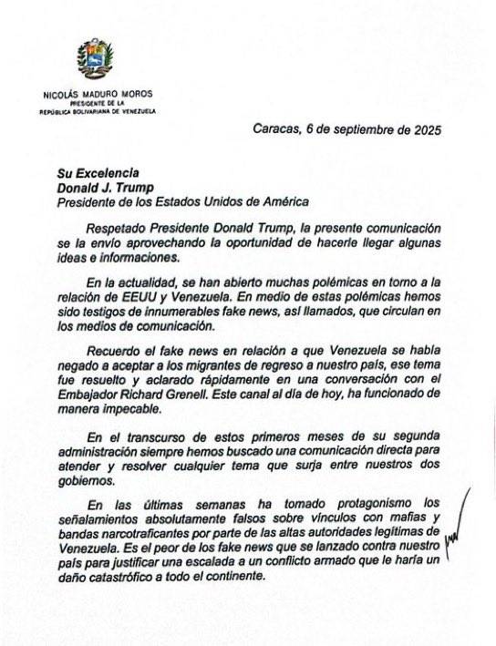 Venezuela envió una carta a Trump en la que muestra su disposición a dialogar