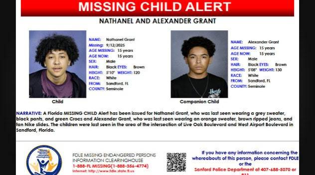 Florida Missing Child Alert Canceled For Teen Twin Brothers In Seminole County, Found Safe
