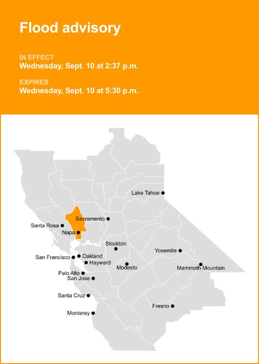 Napa County under a flood advisory early Wednesday evening triggered by significant rain