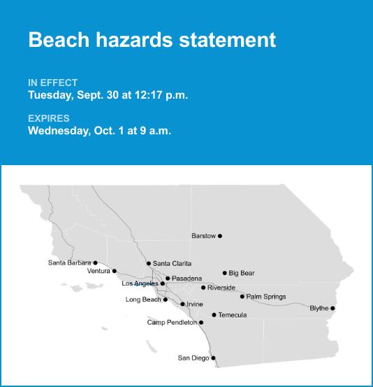 Beach hazards statement affecting Malibu until Wednesday morning — breaking waves of 3 to 6 feet anticipated