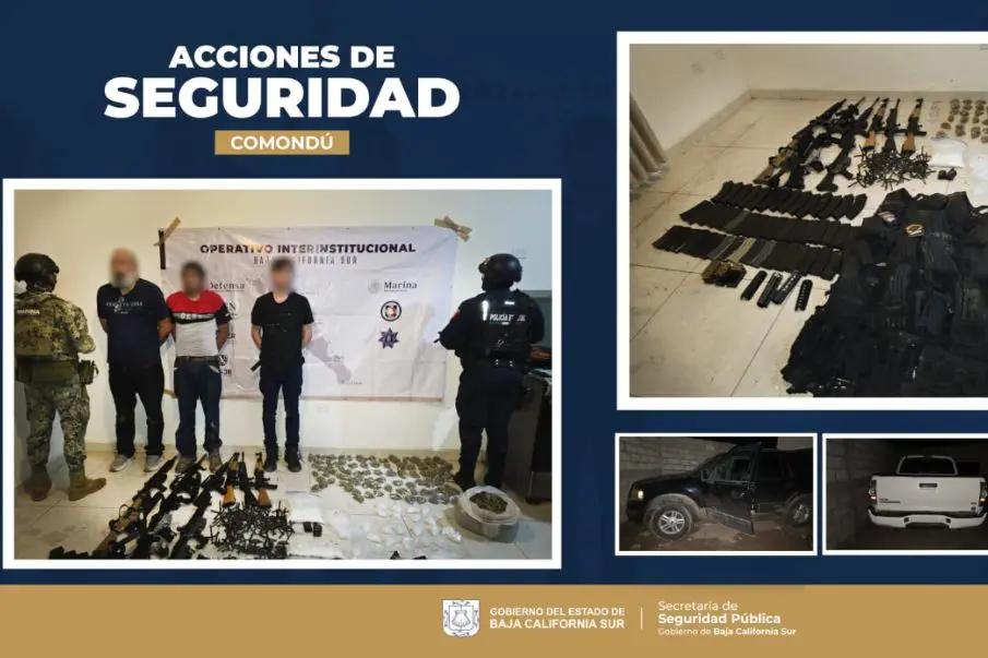Operativo en Ciudad Constitución deja tres detenidos y arsenal asegurado