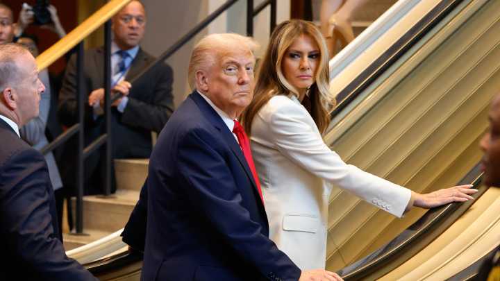 Awkward moment Trump is forced to climb broken escalator he blasted in UN speech as teleprompter crash derailed start