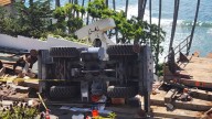 Overturned construction crane blocks traffic in Malibu