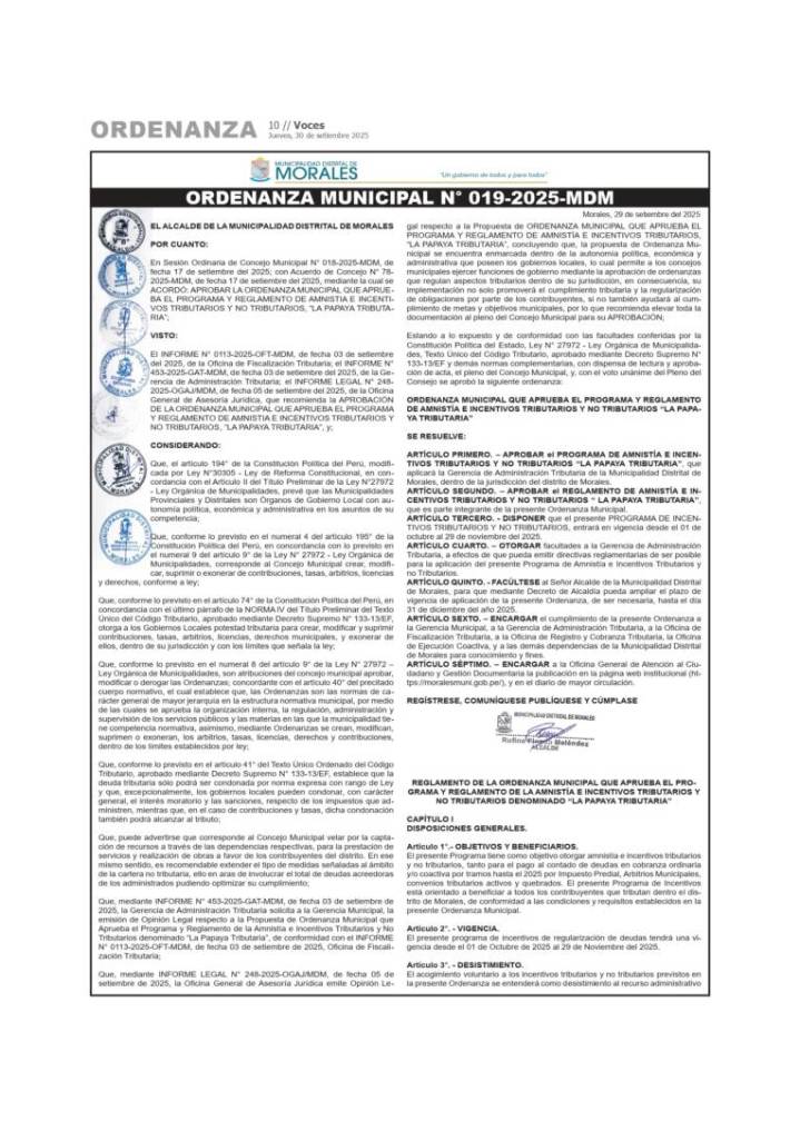 Municipalidad Distrital de Morales: Ordenanza Municipal N° 019