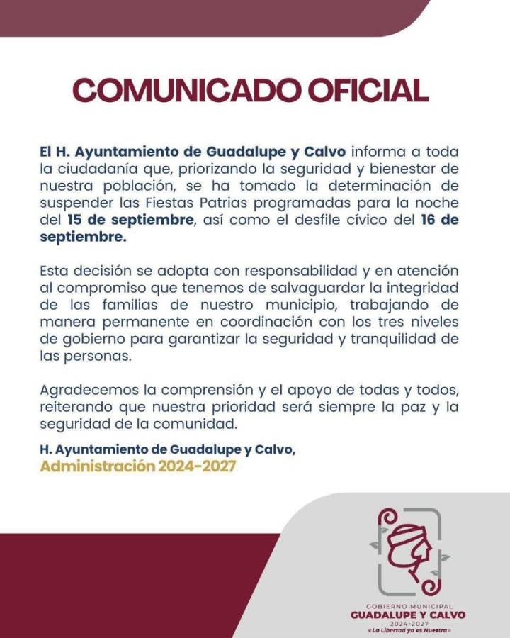 Suspensión de fiestas patrias en Guadalupe y Calvo por motivos de seguridad