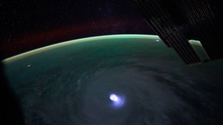 Eye of Hurricane Humberto seen glowing from space station. Watch video