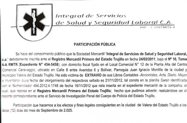 Participación Pública de «INTEGRAL DE SERVICIOS DE SALUD Y SEGURIDAD LABORAL, C.A.»»