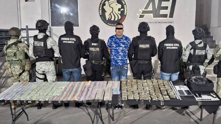 Capturan a hombre en Escobedo, Nuevo León; le aseguran drogas y más de 100 mil pesos en efectivo