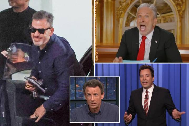 Jimmy Kimmel supported by late-night hosts Jimmy Fallon, Seth Meyers, Jon Stewart
