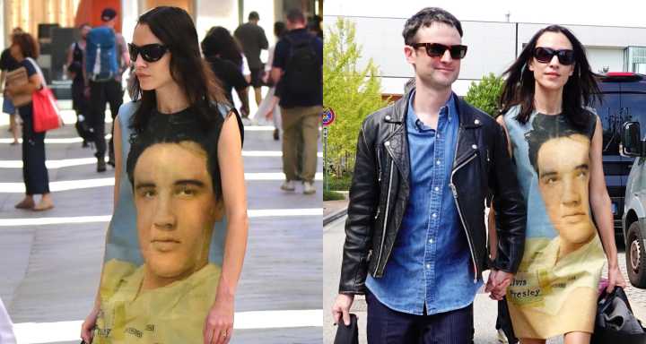 Alexa Chung Wears Dress With Image of Elvis on It While Leaving Venice with Boyfriend Tom Sturridge 