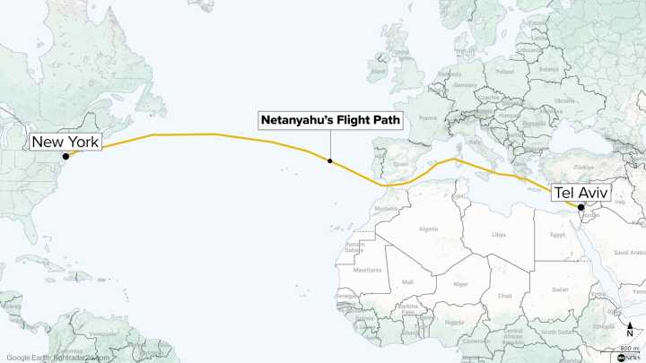 Netanyahu's jet largely avoids European airspace in unusual route to New York